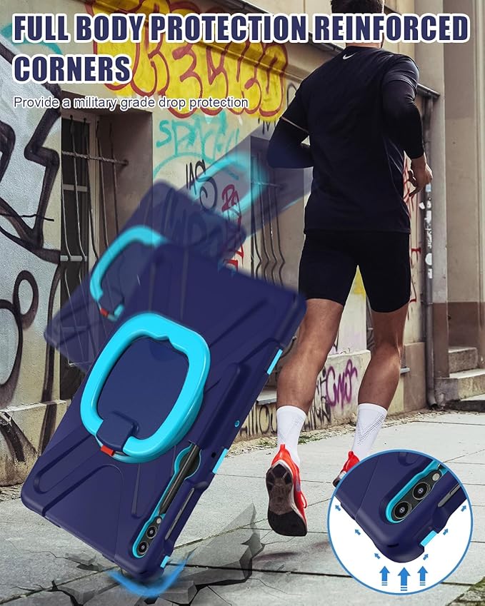 BRAECN Case for 12.4” Samsung Galaxy Tab S10+/ S9 FE+/ S9+/ S8+/ S7 FE/S7+ Plus, Rugged Silicone Cover w/S Pen Holder, Screen Protector, Handle Grip/Kickstand, Shoulder Strap, Navy Blue