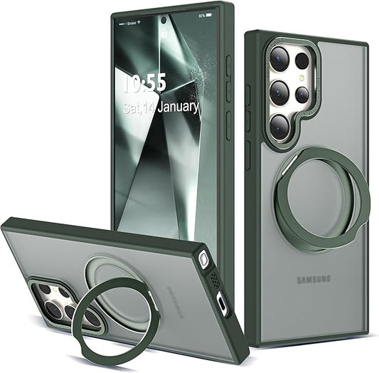 Compatible with Samsung Galaxy S24 Ultra Case with 360Rotatable Magnetic Ring Stand Compatible with Mag-Safe Military Protection Matte Translucent Phone Cases for S24 Ultra 6.8",Dark Green