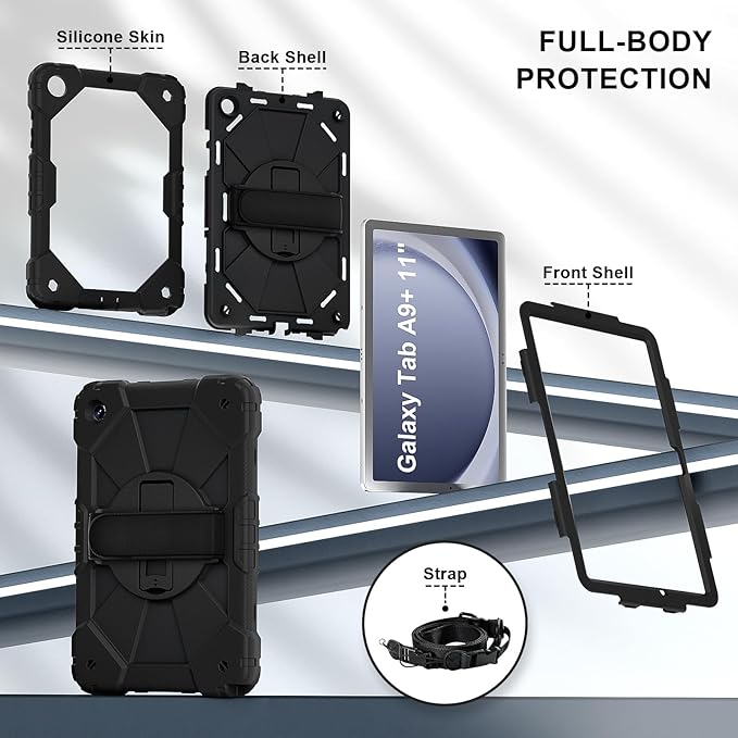 for Samsung Galaxy Tab A9 Plus 11 Inch 2023 (SM-X210/X216/X218), Heavy Duty Hard PC Soft Silicone Rugged Protective Kickstand Shoulder Strap Handle Grip Case for Samsung A9 Plus 11 Inch 2023
