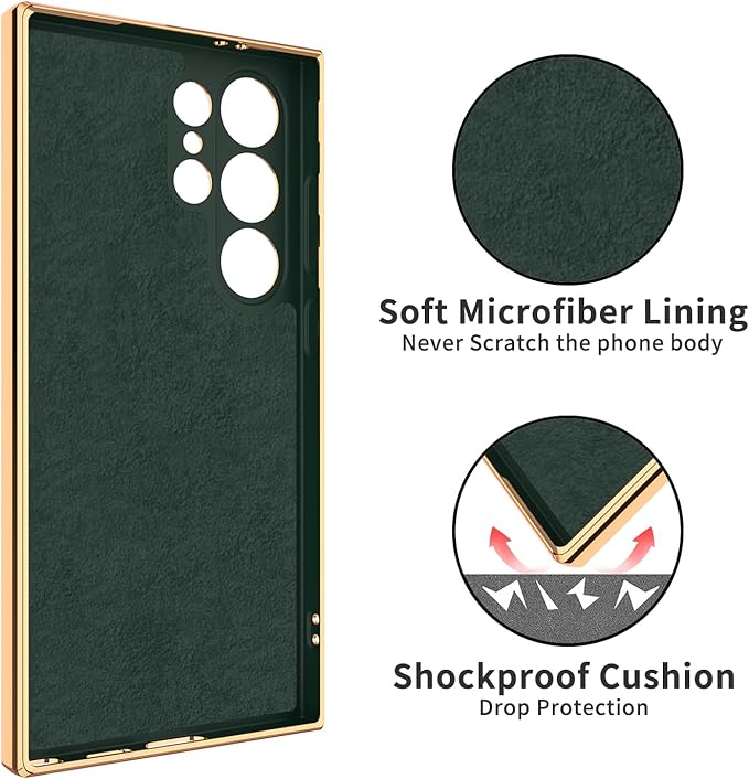 Dinick Green for Samsung Galaxy S24 Ultra Case with Ring Holder Kickstand [with Magnetic] Soft TPU Bumper, Glitter Gold Electroplated Cover Slim Thin Protective Phone Case for Galaxy S24 Ultra