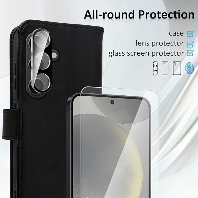 MONASAY Wallet Case Fit for Samsung Galaxy S24 5G, [Lens & Glass Screen Protector Included] [RFID Blocking] Flip Folio Leather Cell Phone Cover with Credit Card Holder, 6.2 inch, Black