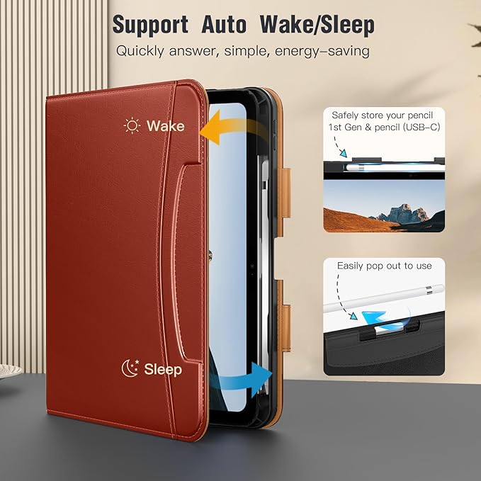 MoKo for iPad (A16) 11th Generation Case 11 inch 2025, iPad 10th Generation Case 10.9" 2022 with Pencil Holder & Pocket, Premium Leather Folio Stand Cover, Multiple Viewing Angles, Reddish Brown