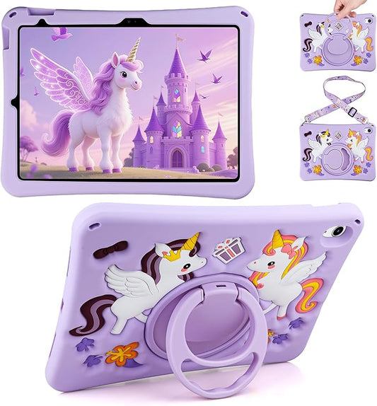 HianDier for iPad A16 Case 11th 2025 iPad 10th Generation Case for Kids Cute Unicorn Silicone Tablet Cover with Detachable Strap and Rotatable Stand Shockproof Cover for iPad 11inch 10.9inch-Purple