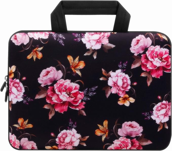 Violet Mist 11 11.6 12 Inch Laptop Sleeve Funny Floral Pattern Laptop Carrying Bag Case with Handle Cute Protective Neoprene Notebook Tablet Computer Travel Cover Pouch Briefcase, Black Peony