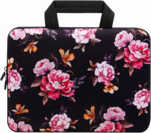 Violet Mist 11 11.6 12 Inch Laptop Sleeve Funny Floral Pattern Laptop Carrying Bag Case with Handle Cute Protective Neoprene Notebook Tablet Computer Travel Cover Pouch Briefcase, Black Peony