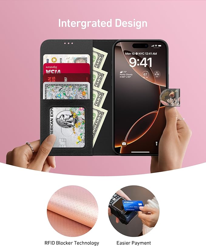 DEENAKIN for iPhone 16 Pro Max Wallet Case with Card Holder + Cash Clip, RFID-Blocking, Military-Grade Drop Protection, Magnetic Closure with Leather Kickstand - Mushroom Floral