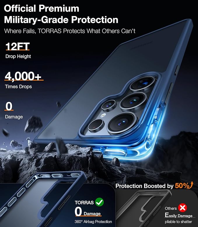 TORRAS Shockproof for Samsung Galaxy S25 Ultra Case, 12FT Military-Grade Protection, Slim Case for Samsung S25 Ultra Case, Matte Translucent Blue, Thin, Guardian Series