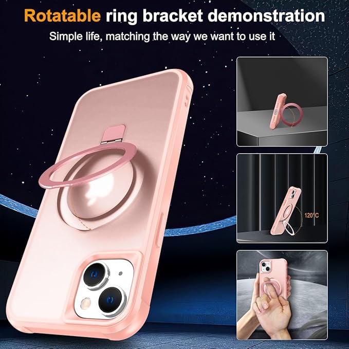 Magnetic Compatible with iPhone 15 Plus Case with Stand [Military Grade Drop Tested][Compatible with Magnet] Ring Translucent Slim Hard Back Soft Edge, Pink