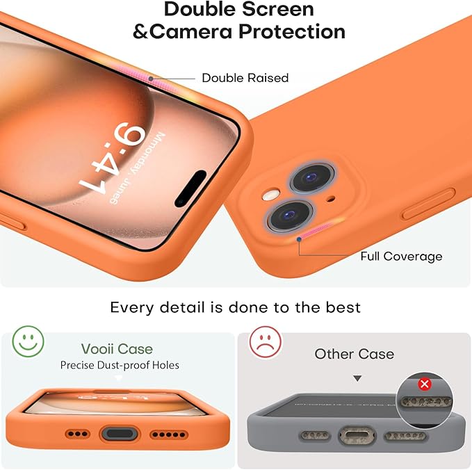 Vooii Compatible with iPhone 15 Case, Upgrade Defender Liquid Silicone, [Enhanced Camera Protection] [Soft Anti-Scratch Microfiber Lining] Shockproof Phone Case for iPhone 15 6.1 inch - Bright Orange