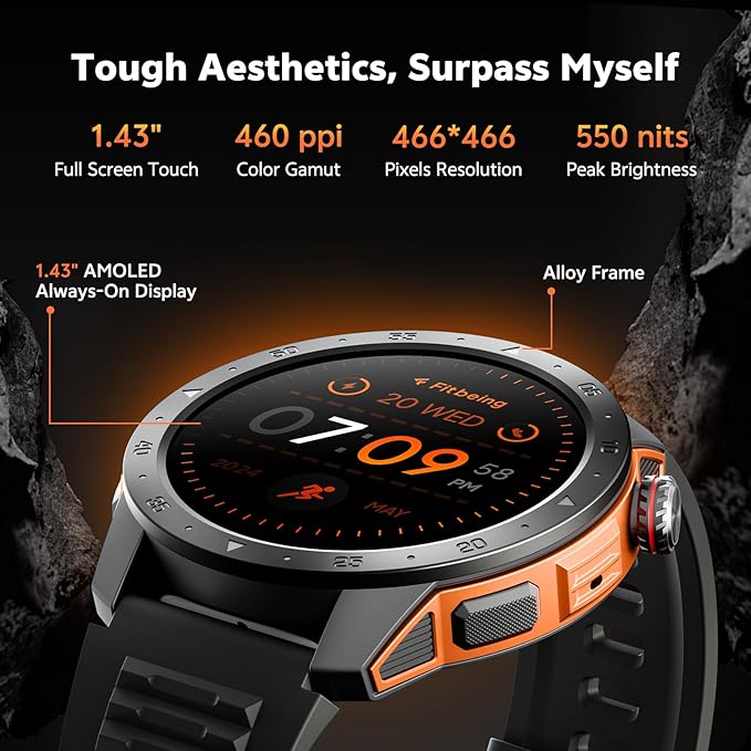 Military Smart Watches for Men Built-in GPS, 1.43" AMOLED Screen with Compass, Altitude, Barometer, 3ATM Waterproof, Answer/Make Call, Fitness Tracker with Health Monitor for Android iOS