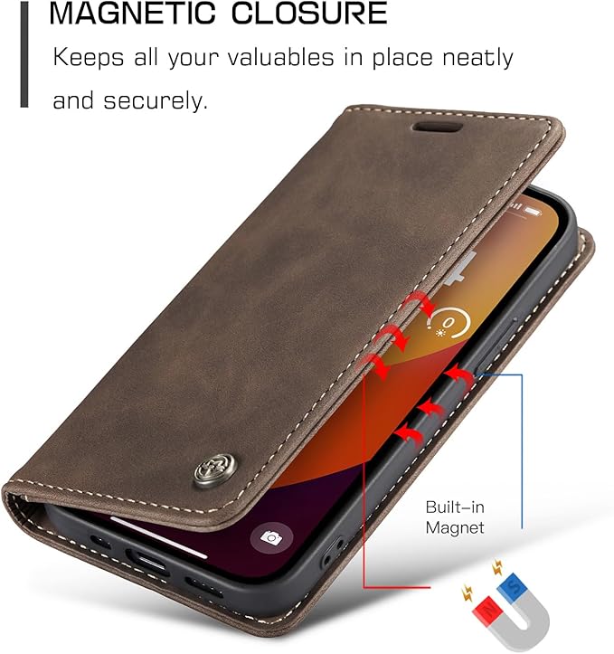for iPhone 15 Pro Case, Flip Wallet Leather Case with Card Holder Magnetic Closure Shockproof Kickstand Protective Phone Cases Cover for iPhone 15 Pro, Coffee