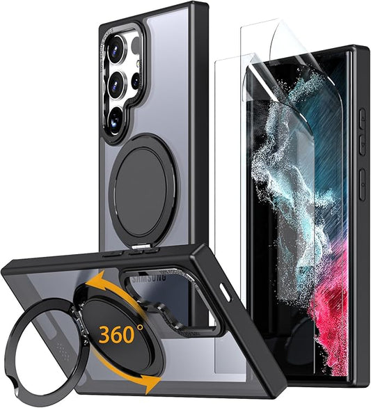 Magnetic Stand Case for Samsung Galaxy S22 Ultra/S23 Ultra [with 2 Screen Protectors] [360° Rotation Magnetic Stand] [Compatible with Magsafe] Military-Grade Drop Protection Case, Black