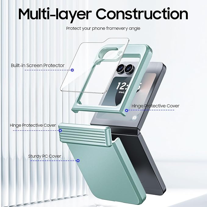 CENMASO for Galaxy Z Flip 6 Case/Z Flip 7 FE Case with Hinge Protection & Built-in Screen Protector, Ultra-Thin Full-Body Shockproof Protection Phone Case for Z Flip 6/Flip 7 FE-Mint Green