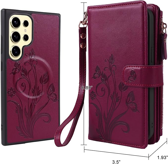 Lacass for Samsung Galaxy S24 Ultra Case Wallet,Compatible with MagSafe 2 in 1 Magnetic Detachable PU Leather RFID Blocking Wallet Cover Card Holder Zipper Wrist Strap Lanyard,Floral Wine Red
