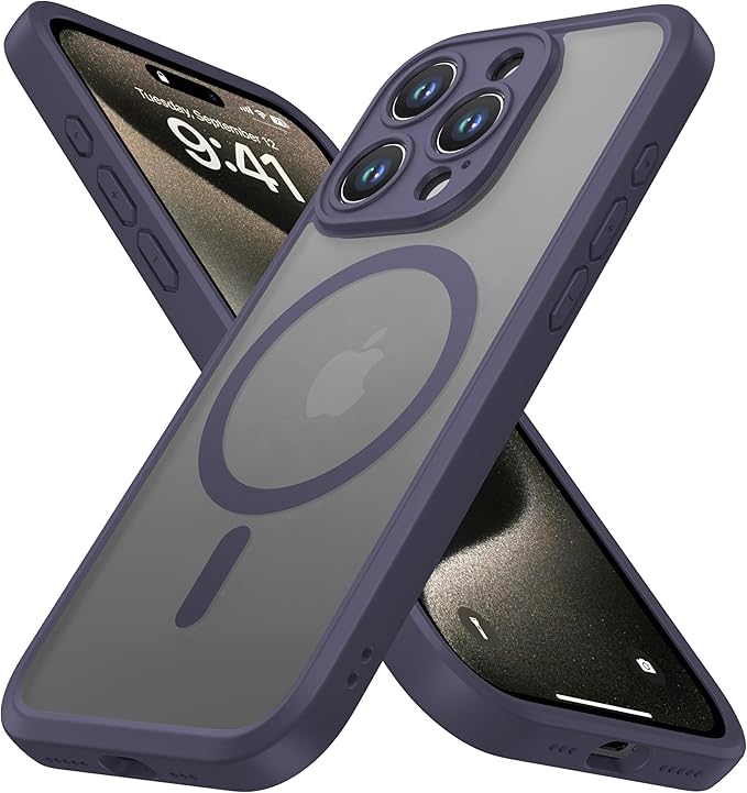 ImpactStrong Magnetic Guard Designed for iPhone 15 Pro Max Case [Camera Protection] [Military Grade Drop Tested] [Compatible with MagSafe] Slim Translucent Matte Phone Case (6.7") - Deep Purple