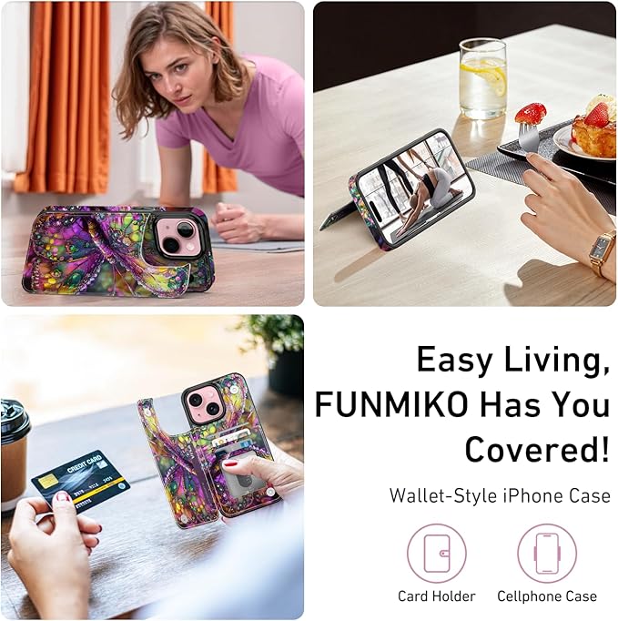 FUNMIKO for iPhone 14 Plus Wallet Case with Card Holder, RFID-Blocking, Military-Grade Protection & UV-Printed Artwork, Magnetic Closure with Leather Kickstand - Vibrant Elegant Butterfly
