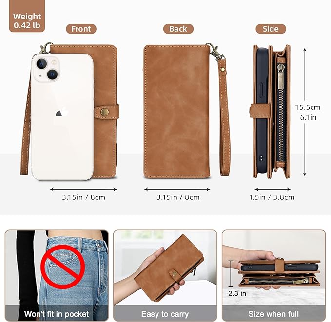 TwoHead Designed for iPhone 13 Wallet Case with Card Holder,Detachable Magnetic Phone Case with Wallet PU Leather Wallet Phone Case for iPhone 13 Case Wallet for Women/Men with Wrist Strap(Brown)