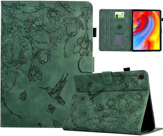 KEROM Case for Samsung Galaxy Tab A9+ Plus 11 Inch 2024 2023 (SM-X210/X216/X218), Embossed Suede Leather Folio Stand Cover with Auto Wake/Sleep & Card Slot & Pen Holder - Green Bird Flower Embossing
