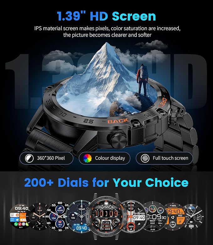 Military Smart Watch for Men Answer/Dial Calls for iOS Android Phones, 400mAh Smartwatch Heart Rate SpO2 Sleep Monitor Step Counter, 2 Straps, 1.39" HD Waterproof Outdoor Sport Smart Watches