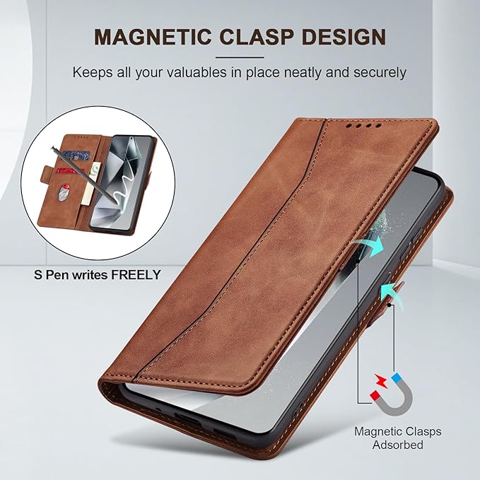 Jasonyu Flip Wallet Case for Samsung S24 Ultra 5G,Leather Magnetic Folio Cover with Card Holder,Kickstand - TPU Shockproof Durable Protective Phone Case,Brown