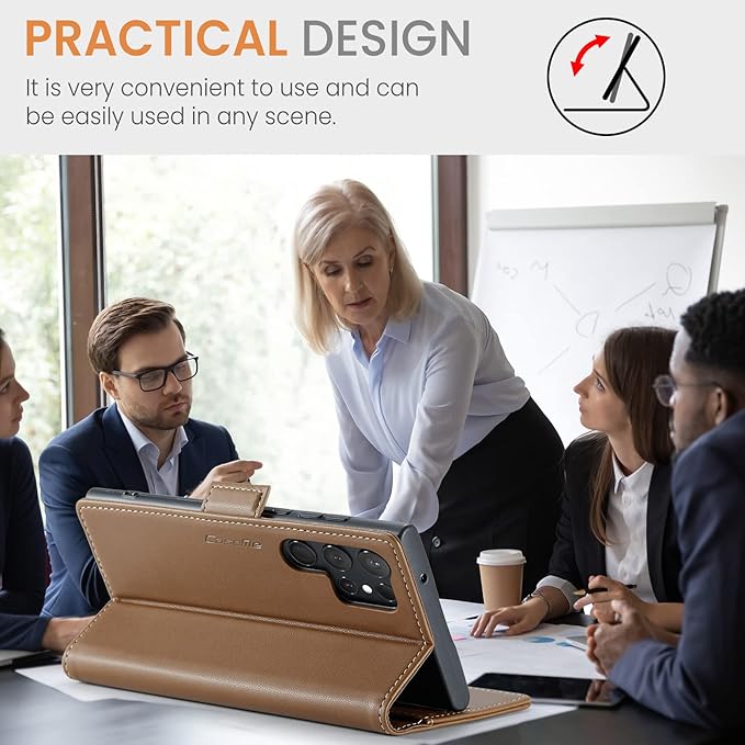 AUPAI for Samsung Galaxy S23 Ultra Wallet Case with Credit Card Holder, PU Leather RFID Blocking Folio Flip Kickstand Magnetic Clasp Protective Phone Cover for Women Men Brown