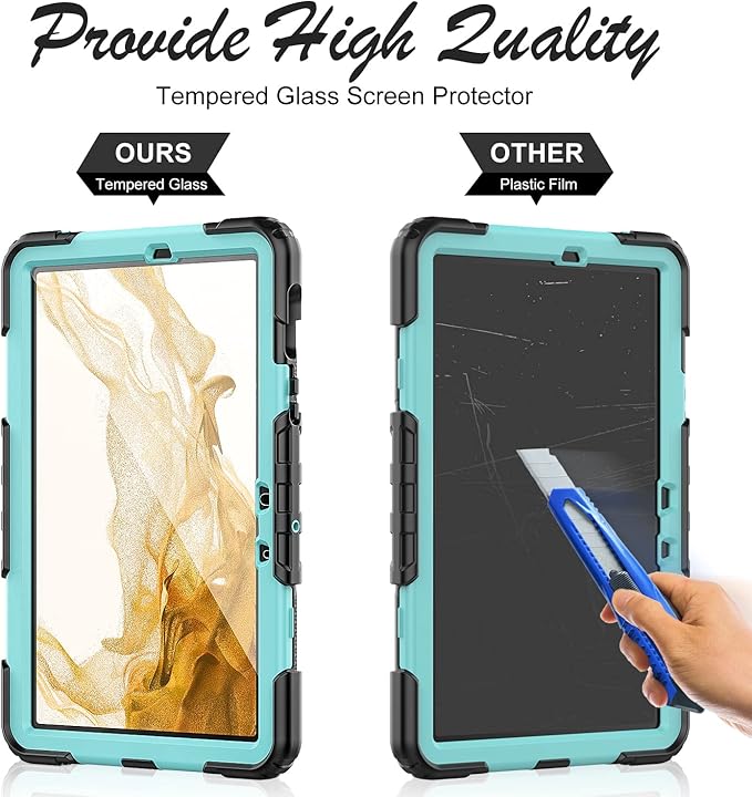 Tablet Case for Samsung Galaxy Tab S8/S7 11-inch 5G 2022/2020 [with Tempered Glass Screen Protector], Rotating Kickstand/Hand & Shoulder Strap/S Pen Holder (SkyBlue)