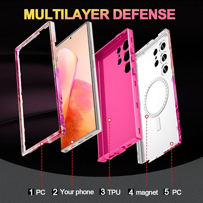 Casetego for Galaxy S24 Ultra Case,Compatible with MagSafe,[Military Grade Drop Test] Full Body Protection Slim Shockproof Rugged Marble Women Case for Samsung Galaxy S24 Ultra 6.8 inch,Ruby Red