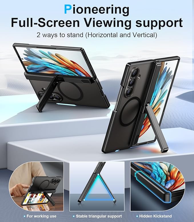 Temdan Magnetic for Samsung Galaxy Z Fold 7 Case,[Compatible with MagSafe][Built-in HD Screen Protector&Invisible Kickstand][Hinge Protection]Translucent Matte Shockproof Phone Case for Z Fold 7,Black