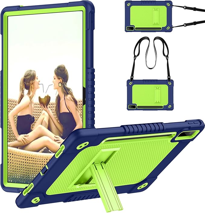 for Lenovo Tab P12 12.7 inch 2023 TB370FU Heavy Duty Cover with Kickstand Shoulder Strap Built in Pen Holder Kids Friendly Shell Case for Lenovo Tab P12 / Xiaoxin Pad Pro 12.7" (Navy Green)