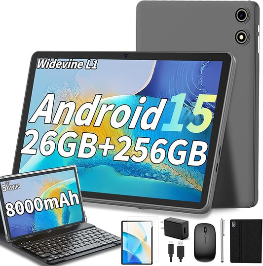 Android 15 Tablet, 26GB + 256GB (2TB Expandable), 10.1-inch Tablet with Keyboard, 8000 mAh Battery, BT 5.0, 5G WiFi, Widevine L1, 2-in-1 Tab with Mouse, Protective Case，Stylus (Black Case)