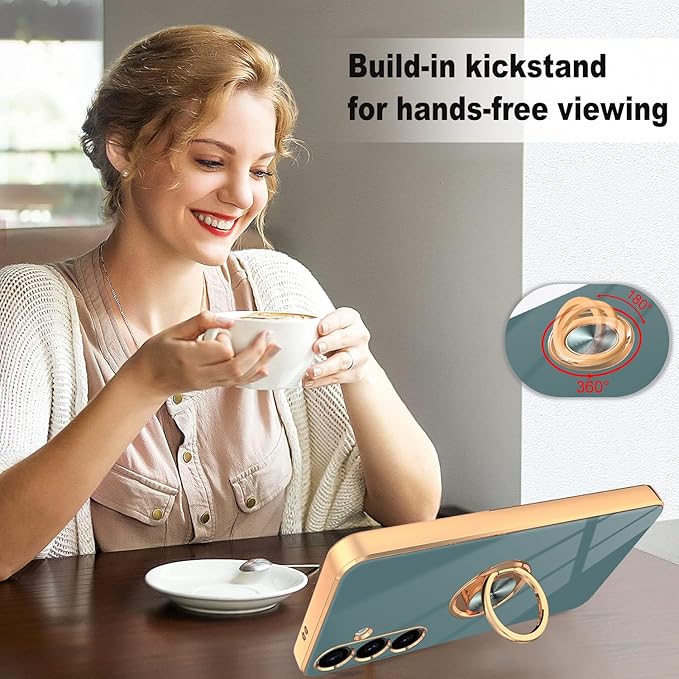 Dinick Gray for Samsung Galaxy S24+ Case with Ring Holder Kickstand [with Magnetic] Soft TPU Bumper, Glitter Gold Electroplated Cover Slim Thin Protective Phone Case for Galaxy S24 Plus