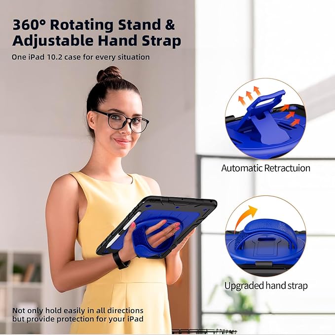 Case for iPad 9th/8th/7th Generation-Built-in Screen Protector,with Pencil Holder&360°Rotating Hand Strap,Shoulder Strap,Case for iPad 10.2 inch 2021-2019(Black/Blue)