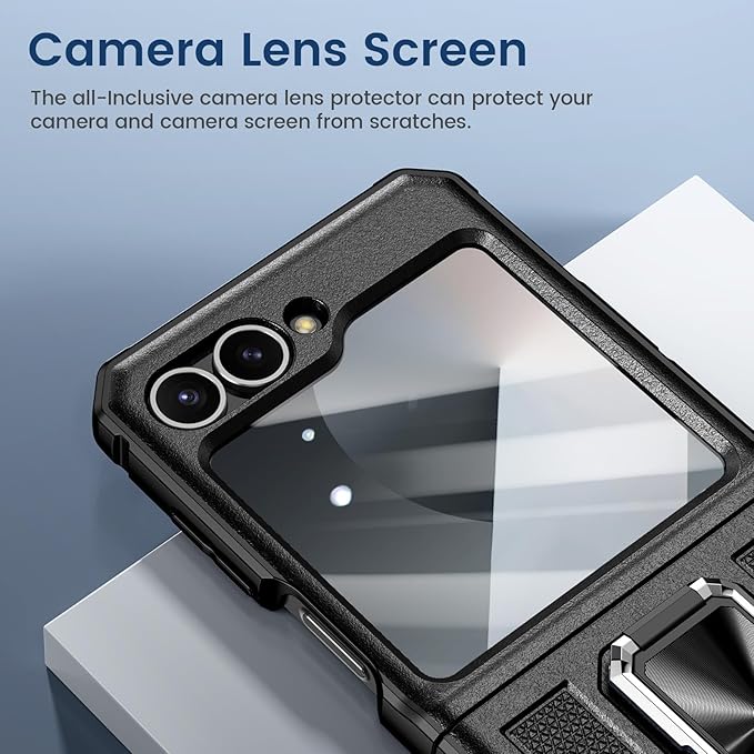 VEGO for Galaxy Z Flip 6 Case, 360° Rotatable Ring Kickstand & Belt Clip Holster & Tempered Glass Camera Screen Protector & Hinge Protection, Shockproof Case for Samsung Flip 6 5G - Black