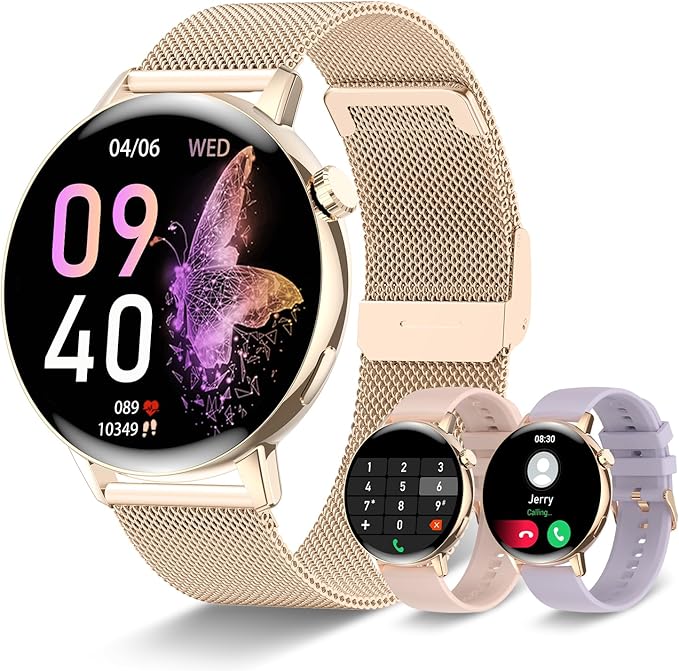 Smart Watch for Women (Make/Answer Call),1.32" HD Touch Screen Watchs for Android and iOS Phones Compatible, Fitness Tracker with Heart Rate/Sleep Monitor/AI Voice/IP68 Waterproof, Gold(3 Bands)