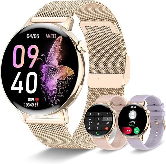 Smart Watch for Women (Make/Answer Call),1.32" HD Touch Screen Watchs for Android and iOS Phones Compatible, Fitness Tracker with Heart Rate/Sleep Monitor/AI Voice/IP68 Waterproof, Gold(3 Bands)