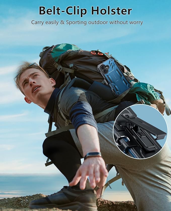 FNTCASE for iPhone 16 Phone Case: Rugged Protective Belt Clip Holster Heavy Duty with Built in Kickstand & Built-in Screen Protector | 360 Full Protection Shockproof Cover, 6.1inch (Blue)