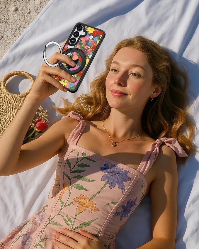 for Samsung Galaxy A16 4G/5G Case with 360° Rotatable Magnetic Ring - Semi-Transparent Anti-Fingerprint Soft-Touch Material Shockproof, Cute Black Cat & Flower Design for Women Girl