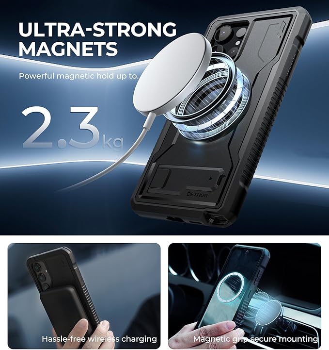 Dexnor Magnetic Case for Samsung Galaxy S24 Ultra Case, Compatible with Magsafe, 2 Front Frames & Built-in Screen Protector, Bumper Rugged Shockproof Full-Body Protective Cover with Kickstand,Black