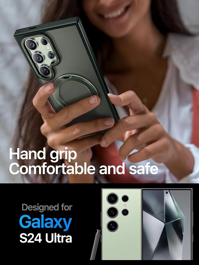 QTlier Phone case for Galaxy S24 Ultra- 360 Rotatable Magnetic Ring Stand, Military-Grade Protection, Raised Camera Frame Green