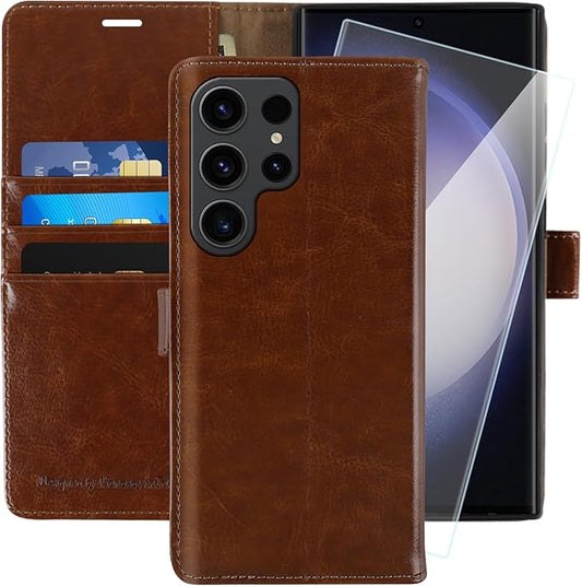 MONASAY Wallet Case Compatible for Galaxy S23 Ultra 5G,[RFID Blocking] Flip Folio Leather Cell Phone Cover with Credit Card Holder, 6.8 inch, Brown