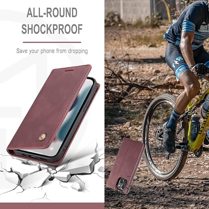 QLTYPRI Case for iPhone 14, Vintage PU Leather Wallet Case Card Slot Kickstand Magnetic Closure Shockproof Flip Folio Book Case Cover for iPhone 14(6.1 inch) - Red