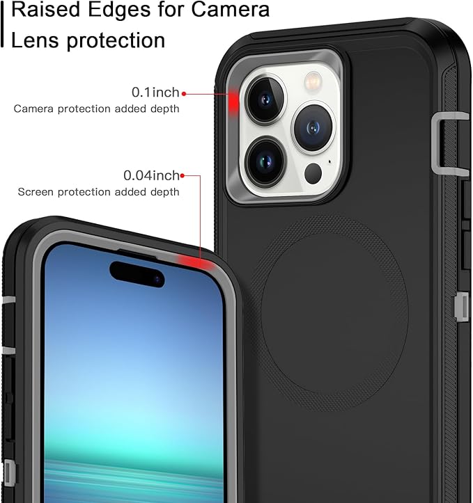 for iPhone 14 Pro Max Case [Compatible with MagSafe] Shockproof 3-Layer Full Body Protection Rugged Heavy Duty Cover Case for Apple iPhone 14 Pro Max 6.7",Black/Grey