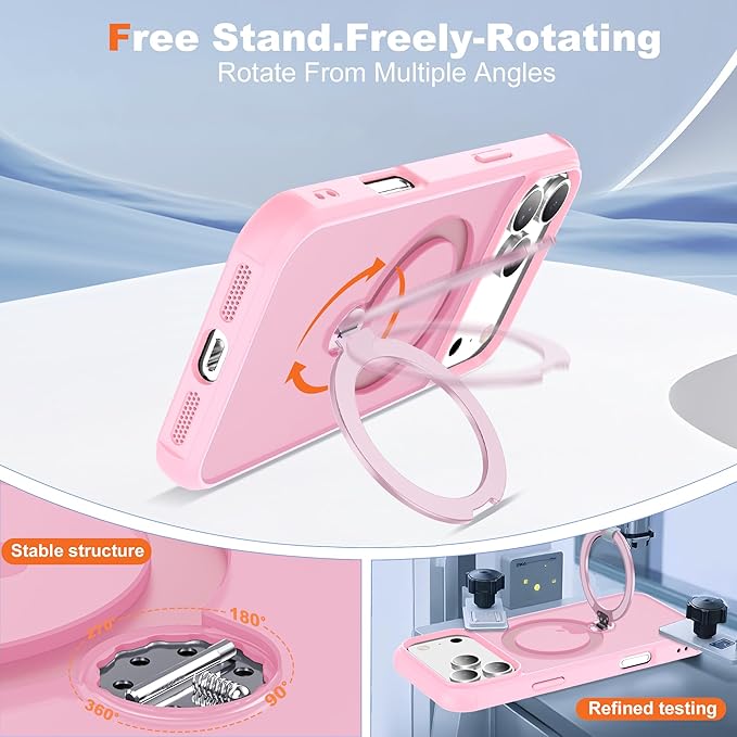 Compatible with iPhone 17 Pro Max Case with Invisible Magnetic 360°Spin Stand,Military-Grade Shockproof Protection [Compatible with Mag-Safe] Non-Slip Edge Translucent Case (6.9",Pink)