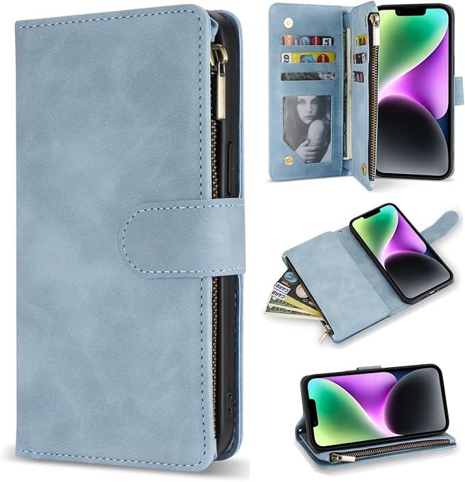 ZZXX iPhone 14 Case Wallet with [RFID Blocking] Card Slot Premium Soft PU Leather Zipper Flip Folio with Wrist Strap Kickstand Protective Phone Cover for iPhone 14 Wallet Case(Light Blue-6.1 inch)