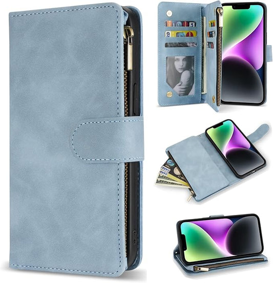 ZZXX iPhone 14 Case Wallet with [RFID Blocking] Card Slot Premium Soft PU Leather Zipper Flip Folio with Wrist Strap Kickstand Protective Phone Cover for iPhone 14 Wallet Case(Light Blue-6.1 inch)