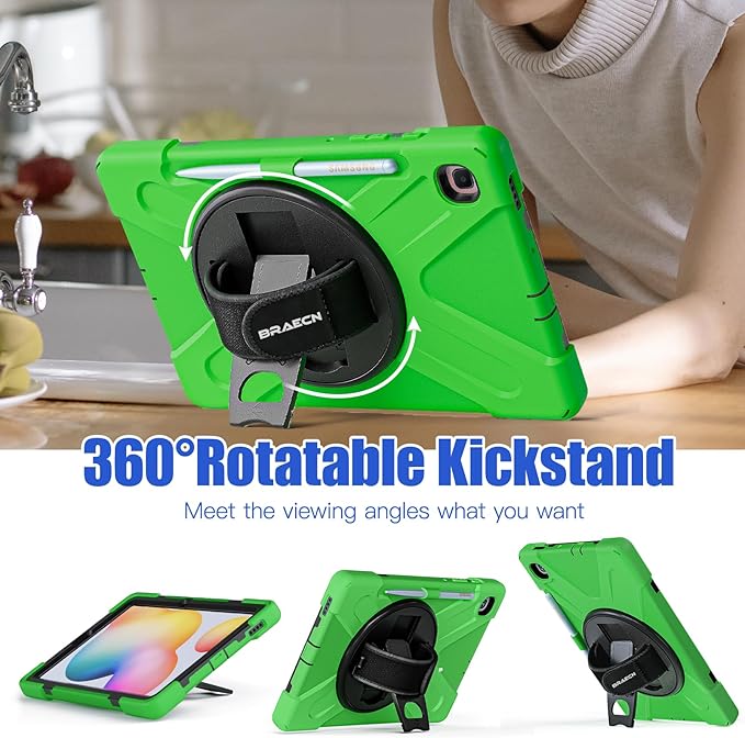 BRAECNstock Case for Samsung Galaxy Tab S6 Lite 10.4 inch 2024/2022/2020 (SM-P620/P610/P619) Shockproof Protective Samsung Galaxy S6 Lite Case with Pen Holder Rotating Stand & Hand Strap Kids - Green