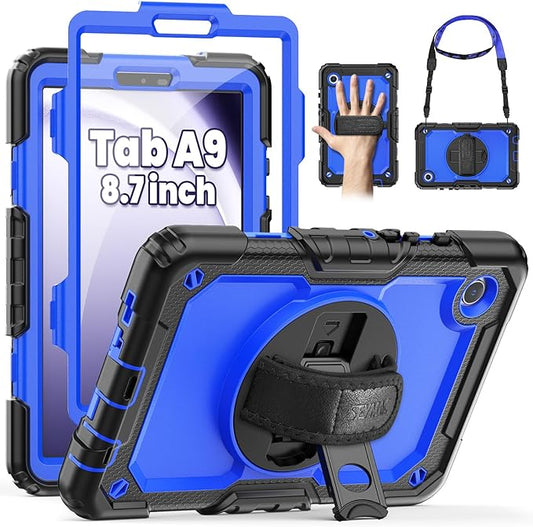 SEYMAC for Samsung Galaxy Tab A9 Case 8.7 Inch 2023 (SM-X110/X115/X117), Heavy Duty Shockproof Protective Case with Screen Protector, Rotating Stand, Hand/Shoulder Strap and Pen Holder, Blue
