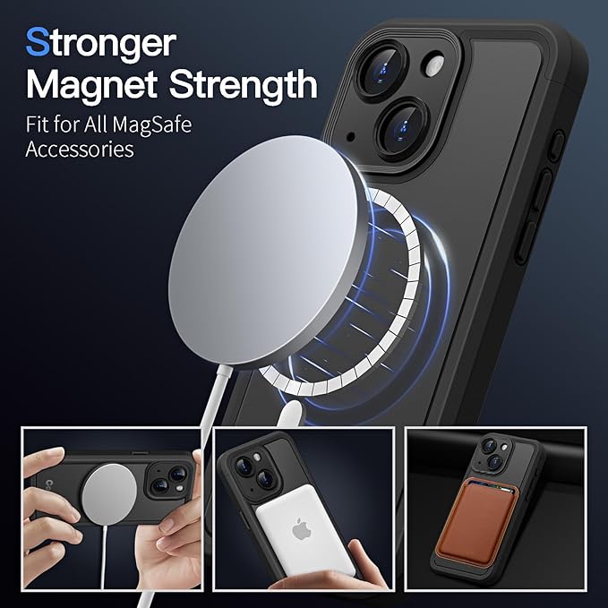 COOLQO Magnetic for iPhone 13 Case, Compatible with MagSafe, Dual Layer Design Military Grade Protection, Translucent Matte Scratch-Resistant Back Protective Shockproof Phone Case, Black