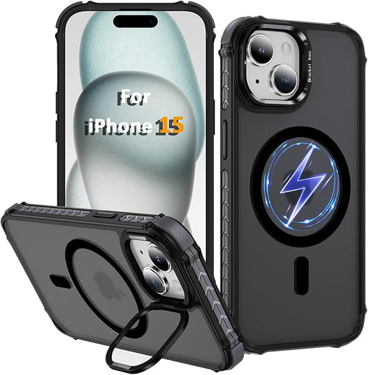 Magnetic for iPhone 15 Case Black with MagSafe Wireless Charging Heavy Duty Military-Grade Shockproof Protection Adjustable Kickstand Slim Matte Anti-Fingerprint Cover Men Women