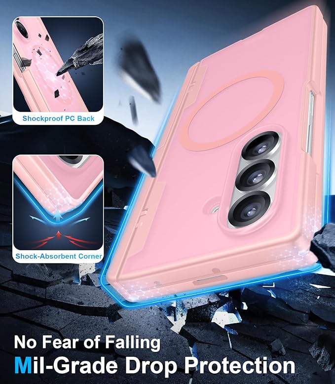 Temdan Magnetic for Samsung Galaxy Z Fold 7 Case,[Compatible with MagSafe][Built-in HD Screen Protector&Invisible Kickstand][Hinge Protection]Translucent Matte Shockproof Phone Case for Z Fold 7,Pink